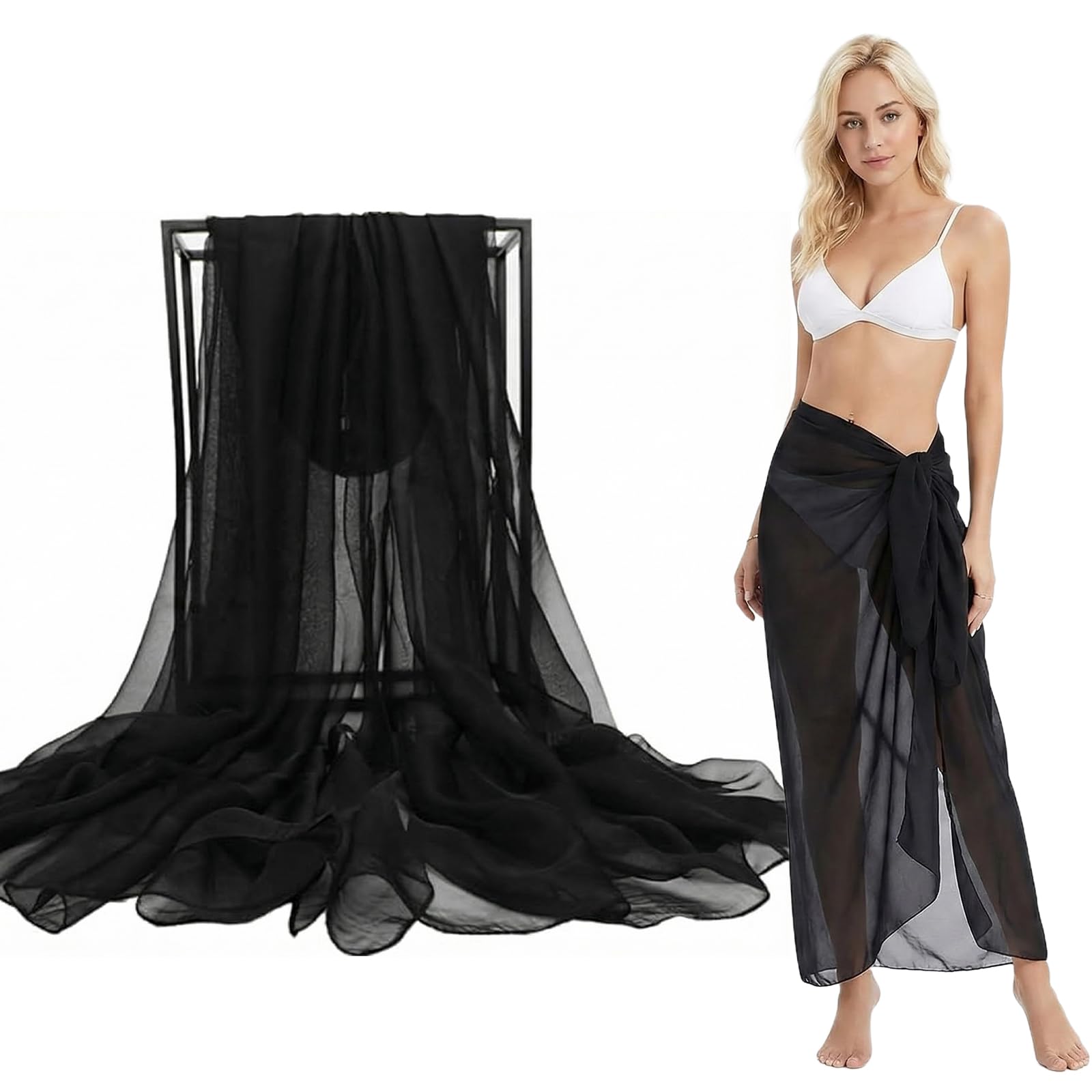 Hocklliy Unisex Black Long Sarong 170 * 150Cm Beach Sarong Wraps For Women Beachwear,Chiffon Swimsuit Beach Wrap For Summer Holiday Swimming Pools Bikini Shawl Tops Wear