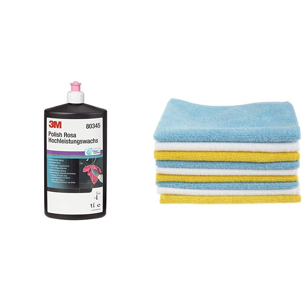 3M 80345N Polierpaste Polish Rosa Hochleistungswachs, 1000 ml & Amazon Basics Mikrofaser-Reinigungstücher, 24 Stück