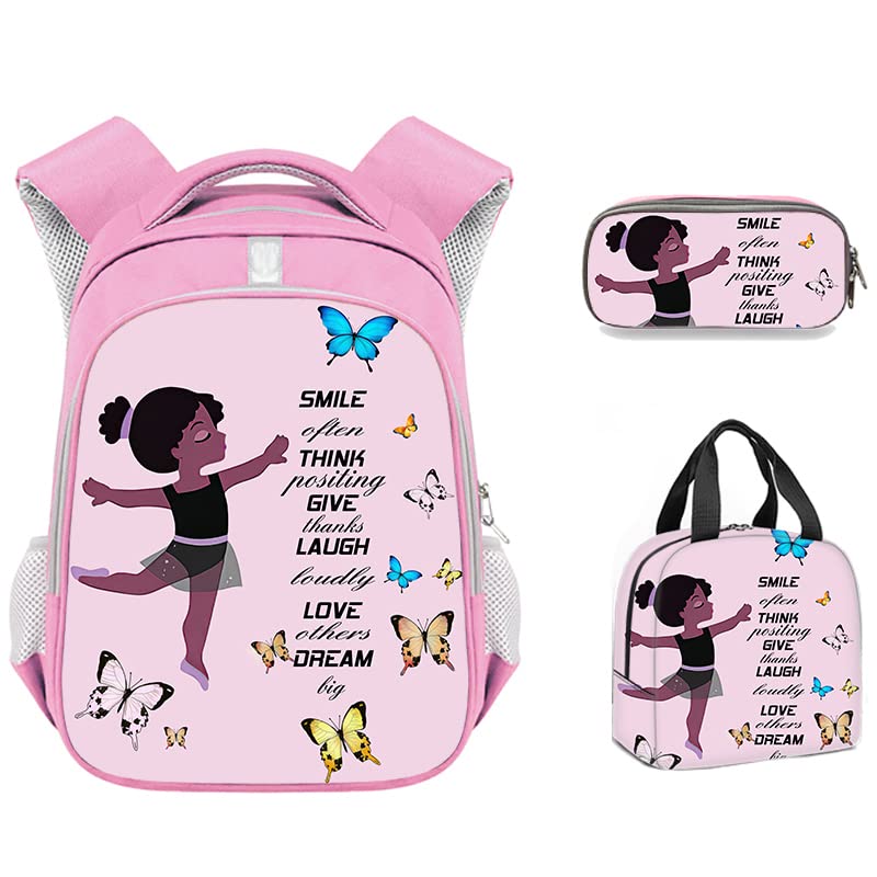 MZNSDC African American Black Girl Backpack Set Afro Girl Schoolbag Lunch Box Pencil Case Pink Schoolbag Set for Girls-F