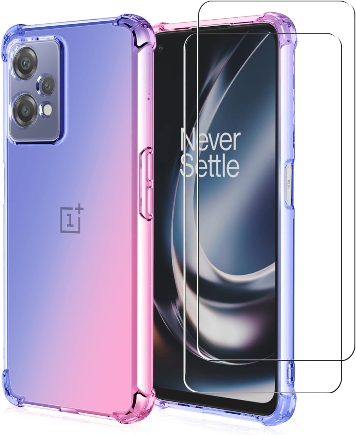 NA [1+2] Case for OnePlus Nord CE 2 Lite 5G, with Tempered Glass Screen Protector [2 Pcs], Clear Gradient Soft TPU Bumper Slim Anti-Scratch Protective Cover (OnePlus Nord CE 2 Lite, Blue/Pink)