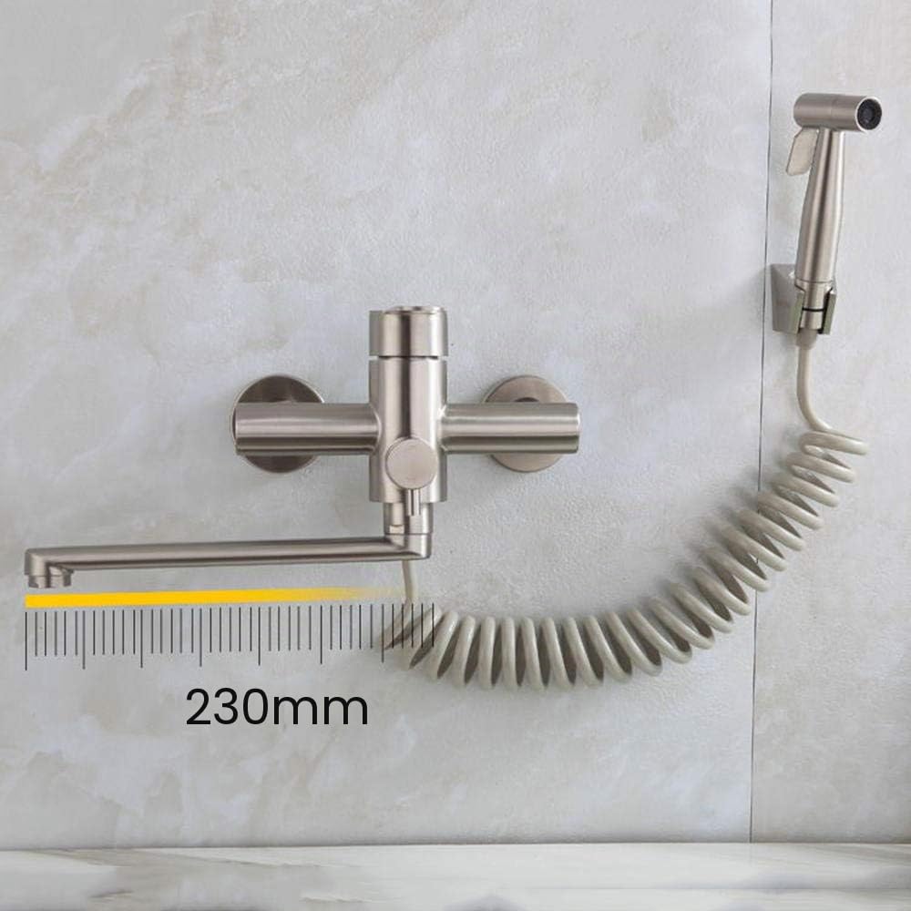 grifo de pared con ducha, con pistola, fregadero de cocina, grifo de acero inoxidable, agua caliente/fría, bandeja de lavandería, giratorio (cepillado)