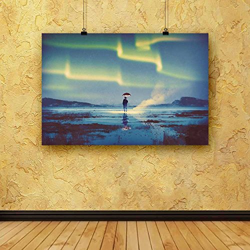 Image of Pitaara Box Northern Lights Aurora Borealis Over Man | Canvas Painting for Bedroom & Living Room | Engineered Wood Frame | 17.8 x 12 inch (45 x 30 cms)