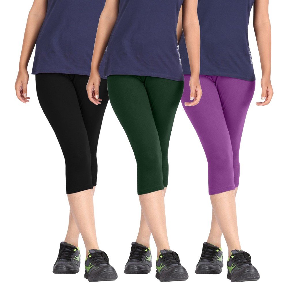 pixie fashion Biowashed Cotton Stretchable Capri Legging Combo Pack of 3 for Women/Girls/Ladies (Black, Dark Green and Purple) - Free Size-picture-12