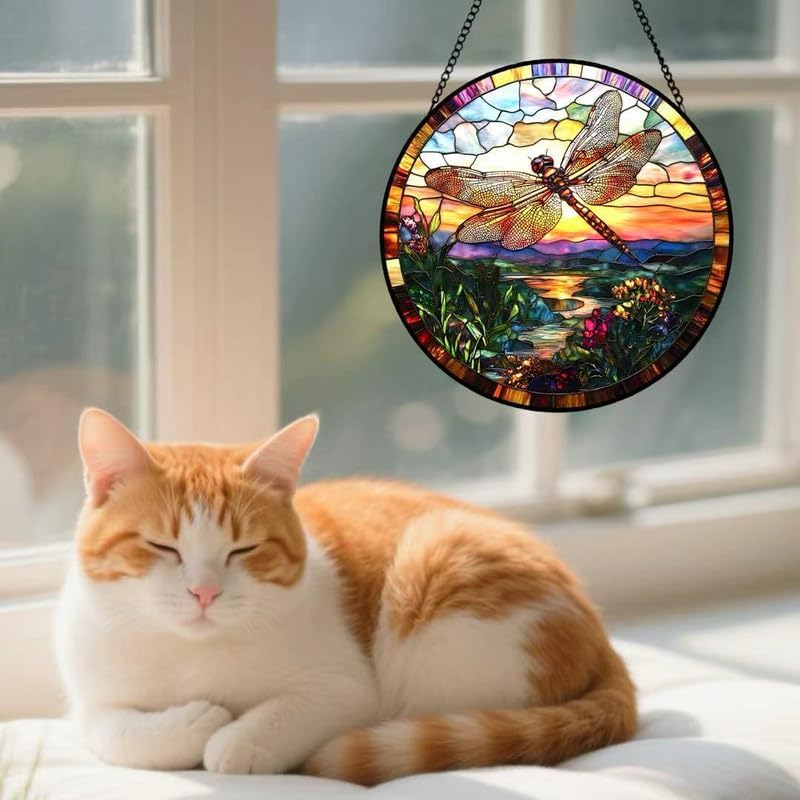 Miniatura 7 de Dragonfly Stained Glass Suncatcher Tiffany Style Dragonfly Window Hanging with Sunset Landscape, Round Colorful Glass Sun Catcher for Home Window