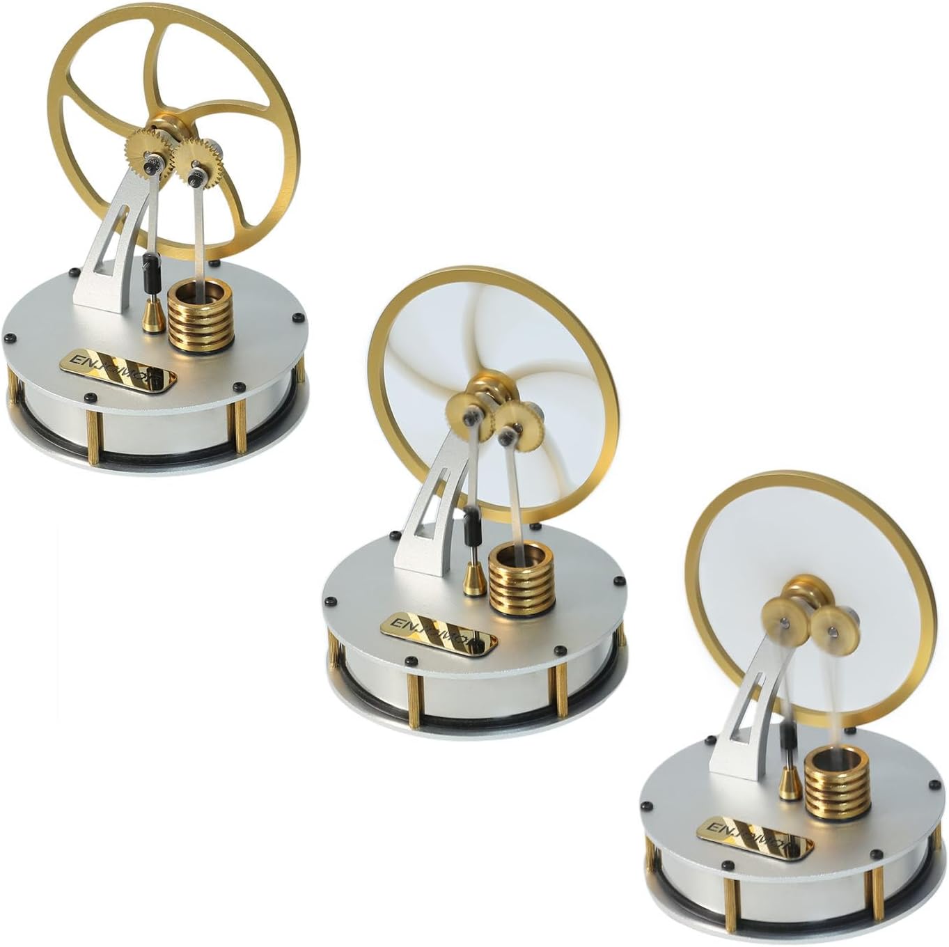Generic Low Temperature Stirling Engine, ENJOMOR γ-Type LTD Stirling Engine Metal Gear Transmission Heat Engine Education Model for Adults Desktop Toy, 9 x 9 x 12cm, Golden