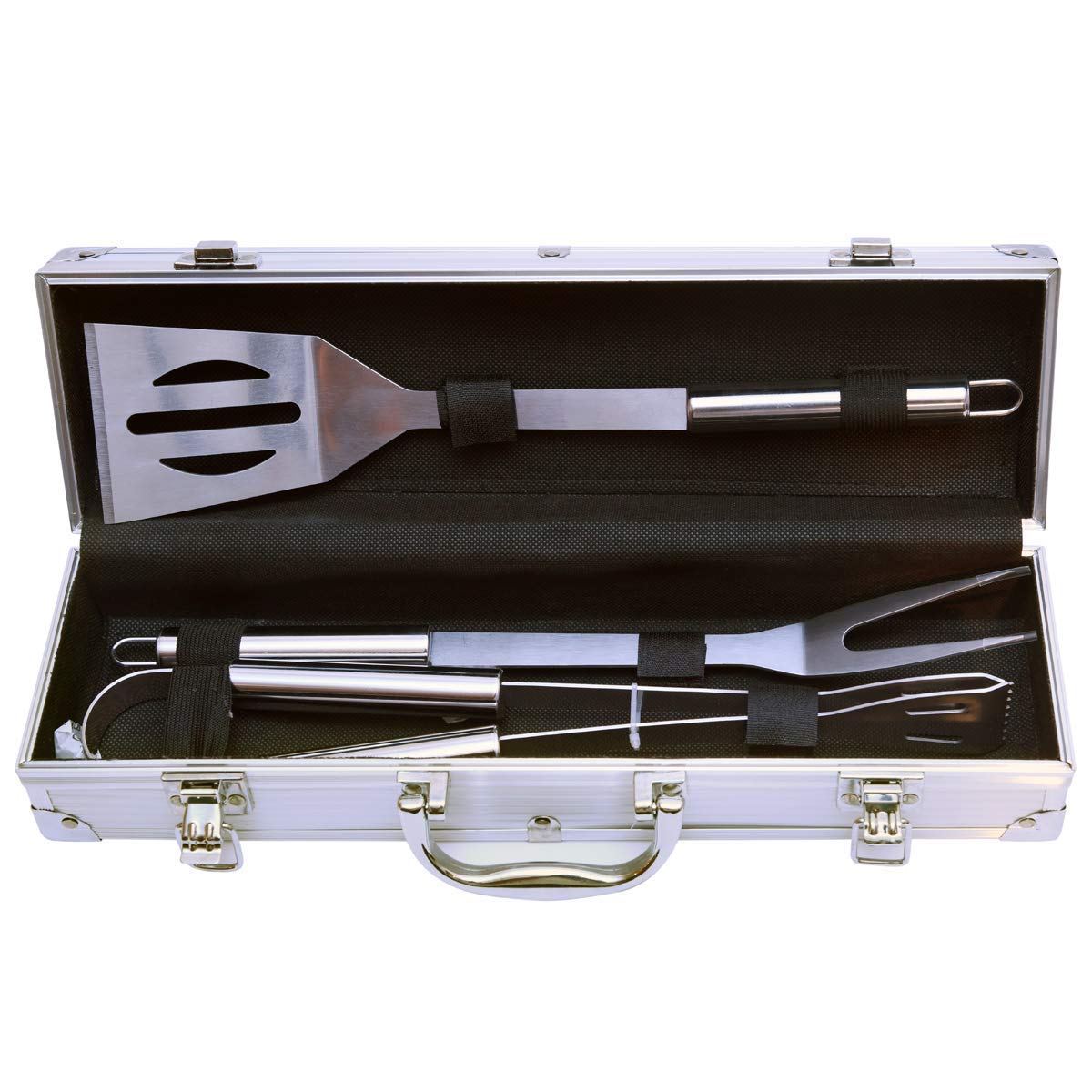 Pink pari Stainless Steel BBQ Grill Tool Kit 3 PCS Set : Tong, Meat Fork, Spatula + Black Carrying Bag for Picnic Camping Travel Cooking Grilling 2