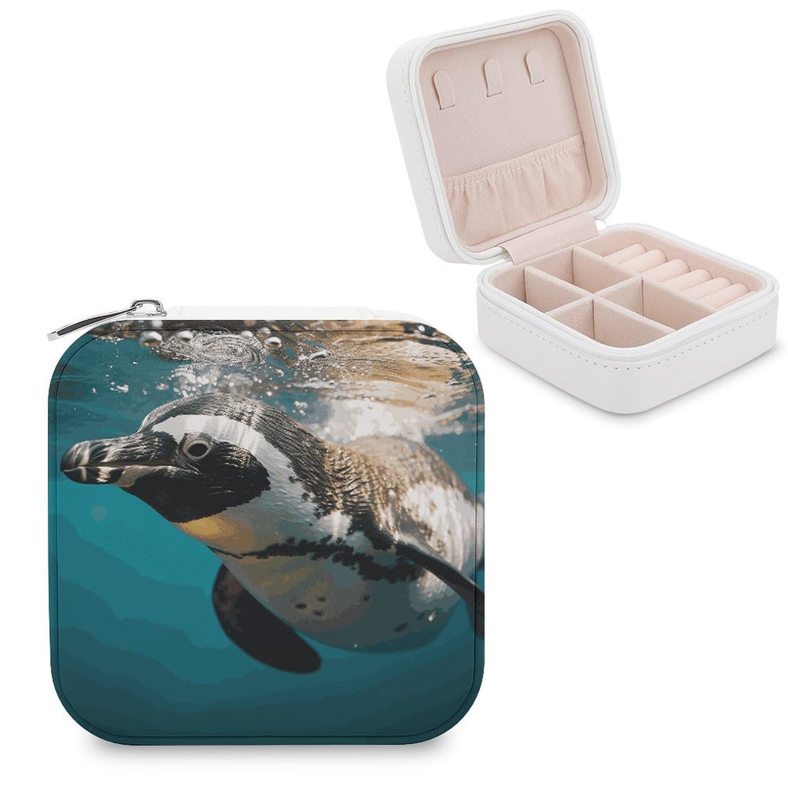 JTREHY Travel Penguin Swimming in The Ocean Jewelry Case Portable Display Storage Box PU Leather Mini Jewelry Travel Case Personalized Travel Jewelry Organizer Small Jewelry Box for Women