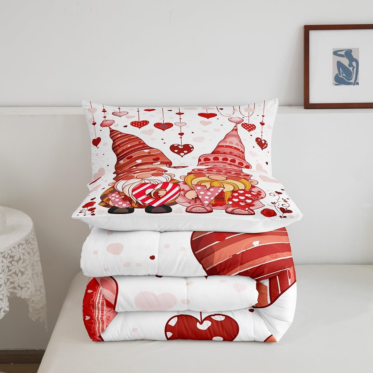 Castle Fairy Happy Valentine's Day Bedding Set King Size,Cute Love Red Heart Shaped Print Comforter Set Room Decor for Home,Romantic Pink Couple Style Microfiber Down Comforter,with 2 Pillowcases