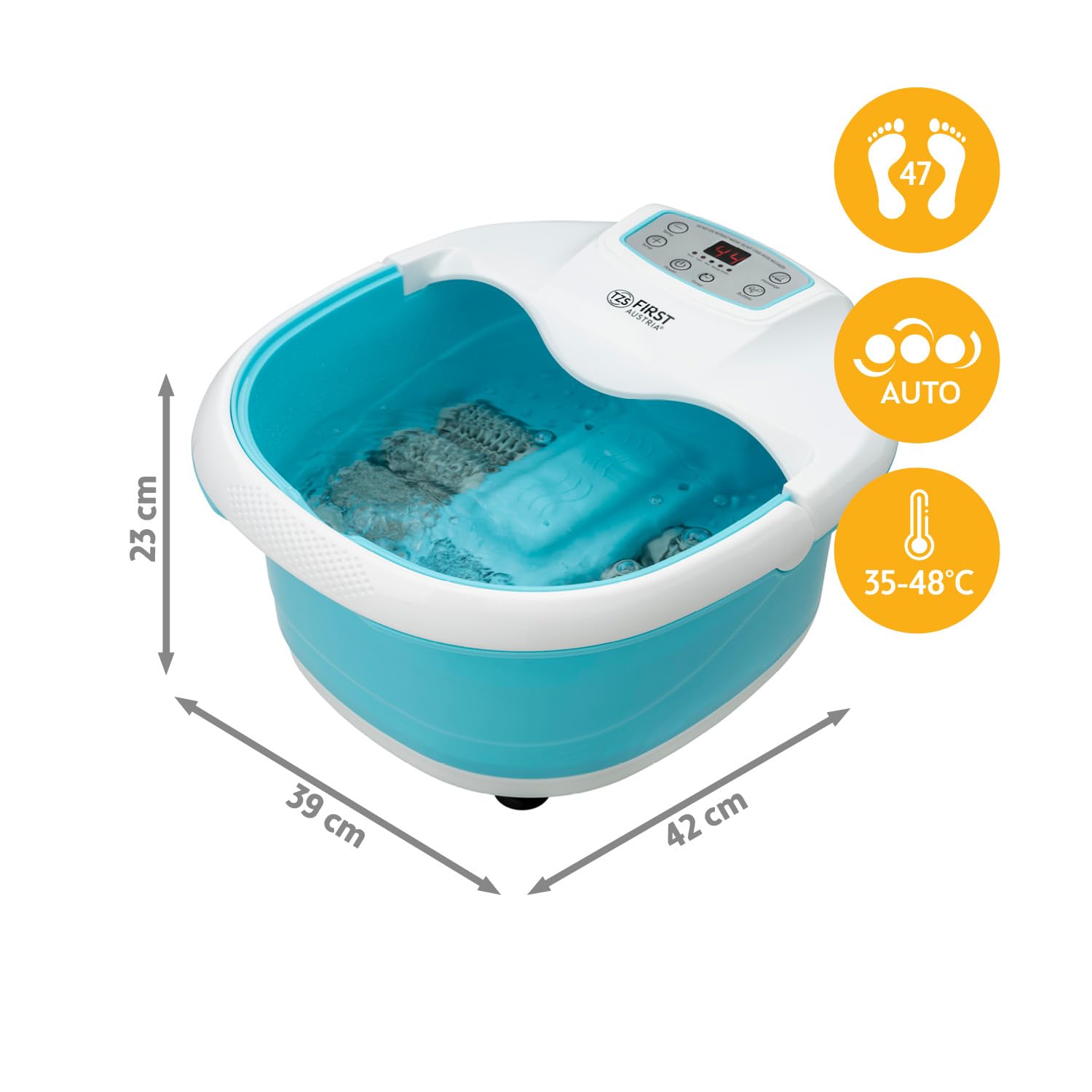 TZS First Austria - Hydromasseur plantaire 450W avec 3 programmes & 6 rouleaux massage - Bain de pieds électrique avec massage par vibration & bulles d'air, avec infrarouges & chauffage - Avec timer