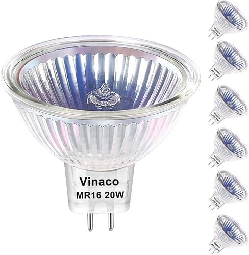 Vinaco Bombilla halógena MR16, paquete de 6, 20 W, 12 V, 3000 horas, blanco cálido, regulable, base GU5.3, luces de paisaje y pista