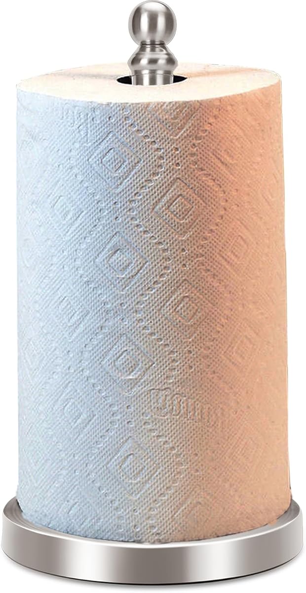 Exilon Paper Towel Holder Countertop with Weighted Base, One-Handed Design No Tipping Over, Stainless Steel Paper Towel Holder Stand in Brushed Nickel Finish