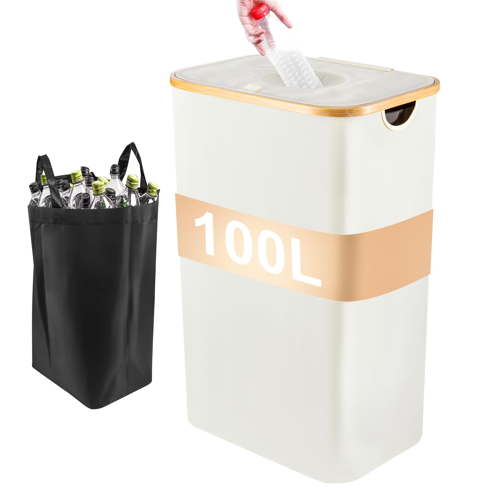100L Pfandflaschen Sammelbehälter mit Deckel & Abnehmbarer | Innentasche, Faltbarer Leergutbehälter aus Wasserdichtem Oxford-Gewebe für Küche, Keller & Balkon (Beige)