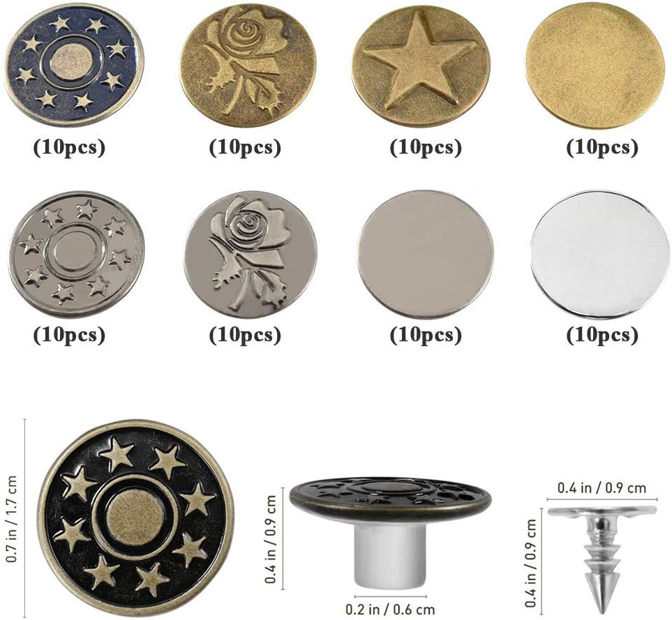 Gasea 80 Sets 8 Styles 17mm Jeans Buttons Tack Buttons Metal Snap