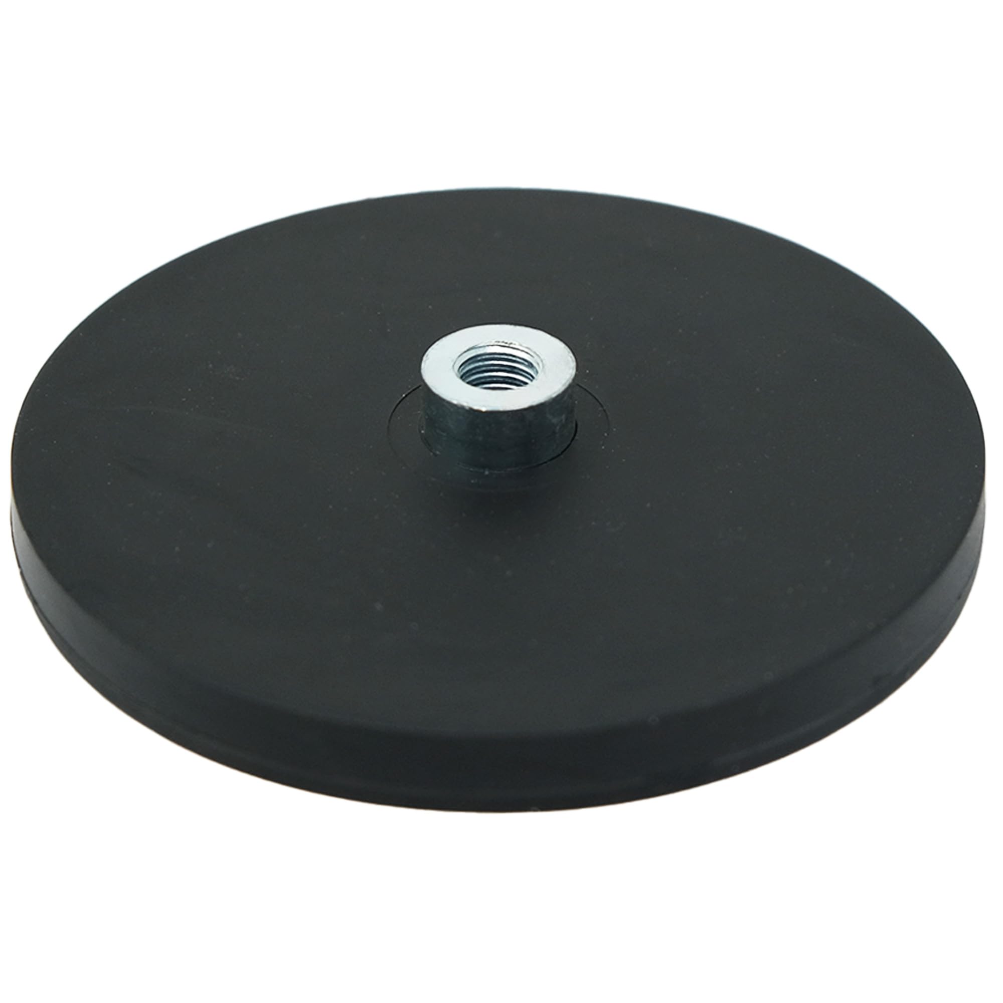 Black Rubber Coated POS Magnet Countersunk with M8 External Thread for Retail Fixing and Holding Heavy Objects - 88mm dia x 8mm high - 45kg Pull