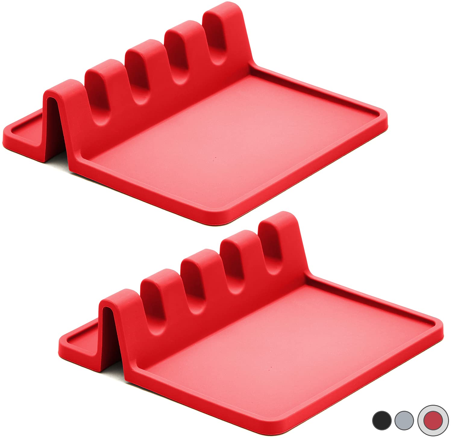 Cooler Kitchen Silicone Spoon Rest for Stove Top with Drip Pad (Two Pack) - Heat Resistant, BPA Free Utensil Rest & Spoon Holder for Counter - Grill Utensil Holder for Spatulas, Tongs, Ladles (Red)