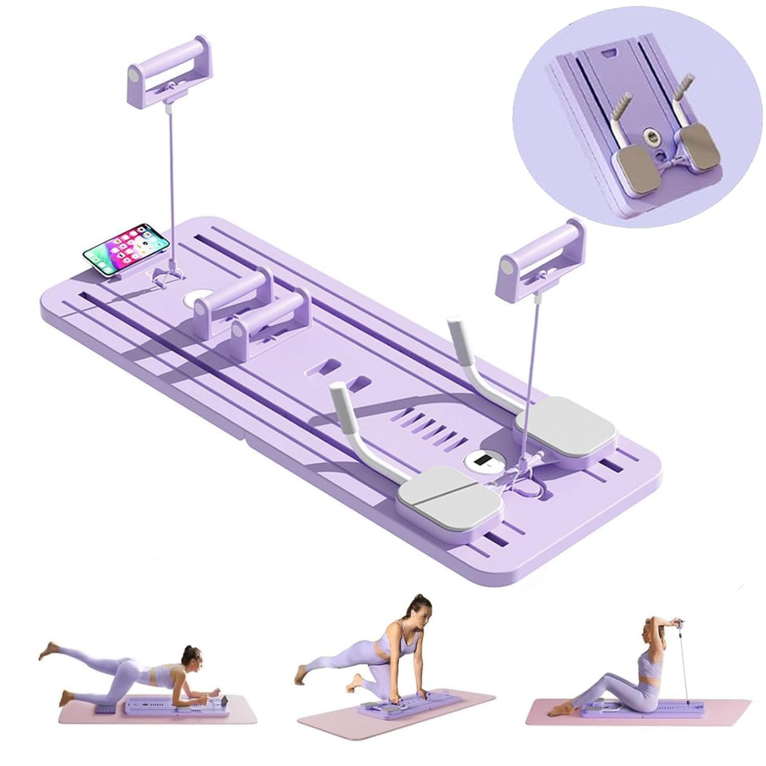 Pilates Board Foldable, Pilates Sliding Board, Multi Functional Portable Pilates Reformer Set, Pilates Equipment with Timer, Ab Exercise Board with Elbow Support and Resistance Bands