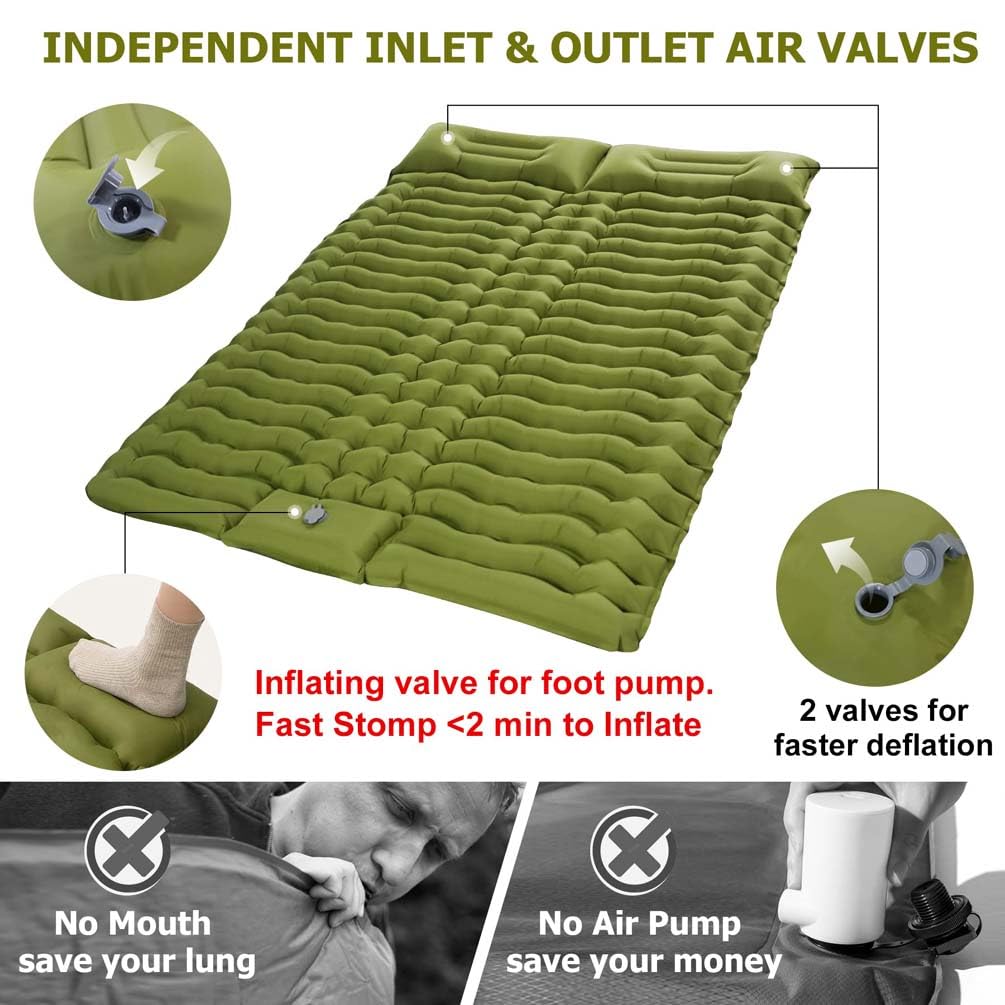 Isomatte Selbstaufblasend, Camping luftmatratze Selbstaufblasend mit Integrierten Kopfkissen Outdoor Campingmatte Faltbar Thermo Matte Schlafmatte Für Zelt Trekking Strand,Grün
