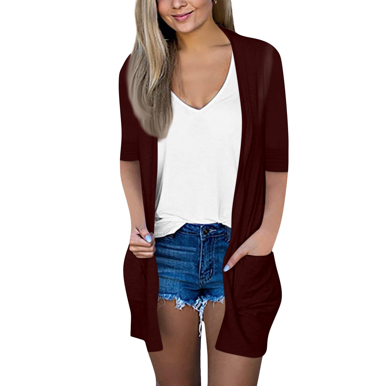 Nadition Summer Cardigan for Women Graphic Tees for Women Womens 3/4 Length Sleeve Tops Lightweight Pocket Solid Shawl Coat