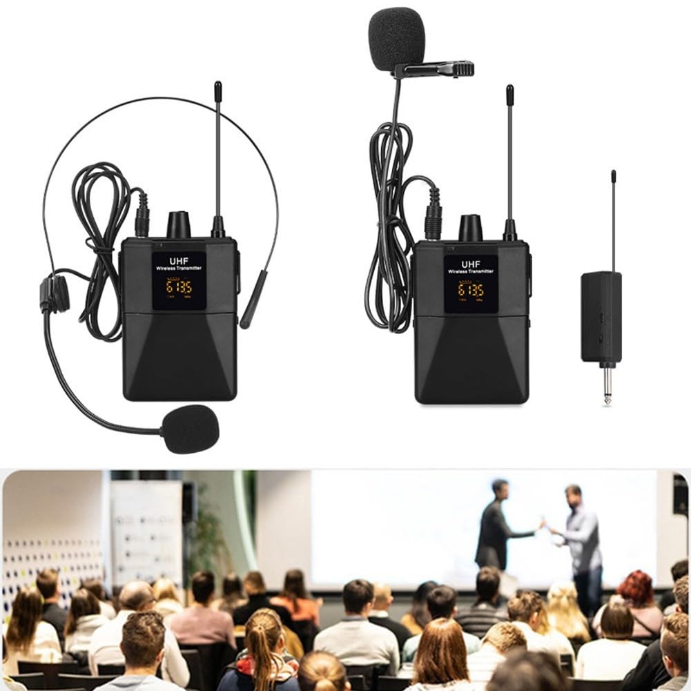 UHF - Kit di sistemi microfonici wireless con 16 canali di accoppiamento casuale ID e blocco della frequenza per una trasmissione audio wireless chiara e stabile (da 1 a trascinare 2)