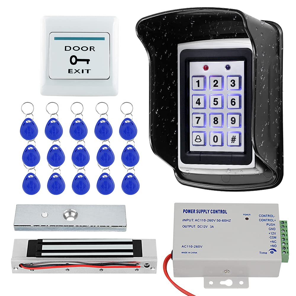 Kumu Black 7612 Outdoor Waterproof Rfid Door Access Control System Metal Keypad+180Kg Magnetic Lock+Rainproof Cover+Exit Button+15Pcs Keyfobs For Home/Office,