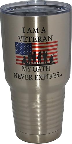 Rogue River Tactical Taza grande de viaje con texto en inglés "I Am A Veteran My Oath Never Expires - Taza de viaje de 30 onzas con tapa aislada al