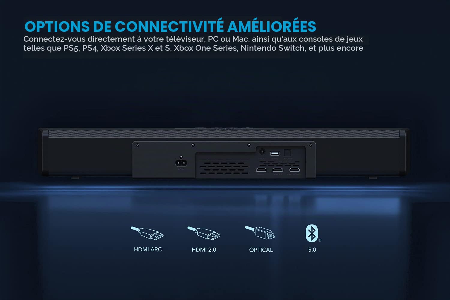 CREATIVE Stage 360, Barre de Son avec Caisson de Basses pour TV, PC avec Atmos, Son Surround, HDMI Arc/2.0, Bluetooth, Entrée Optique, Télécommande IR