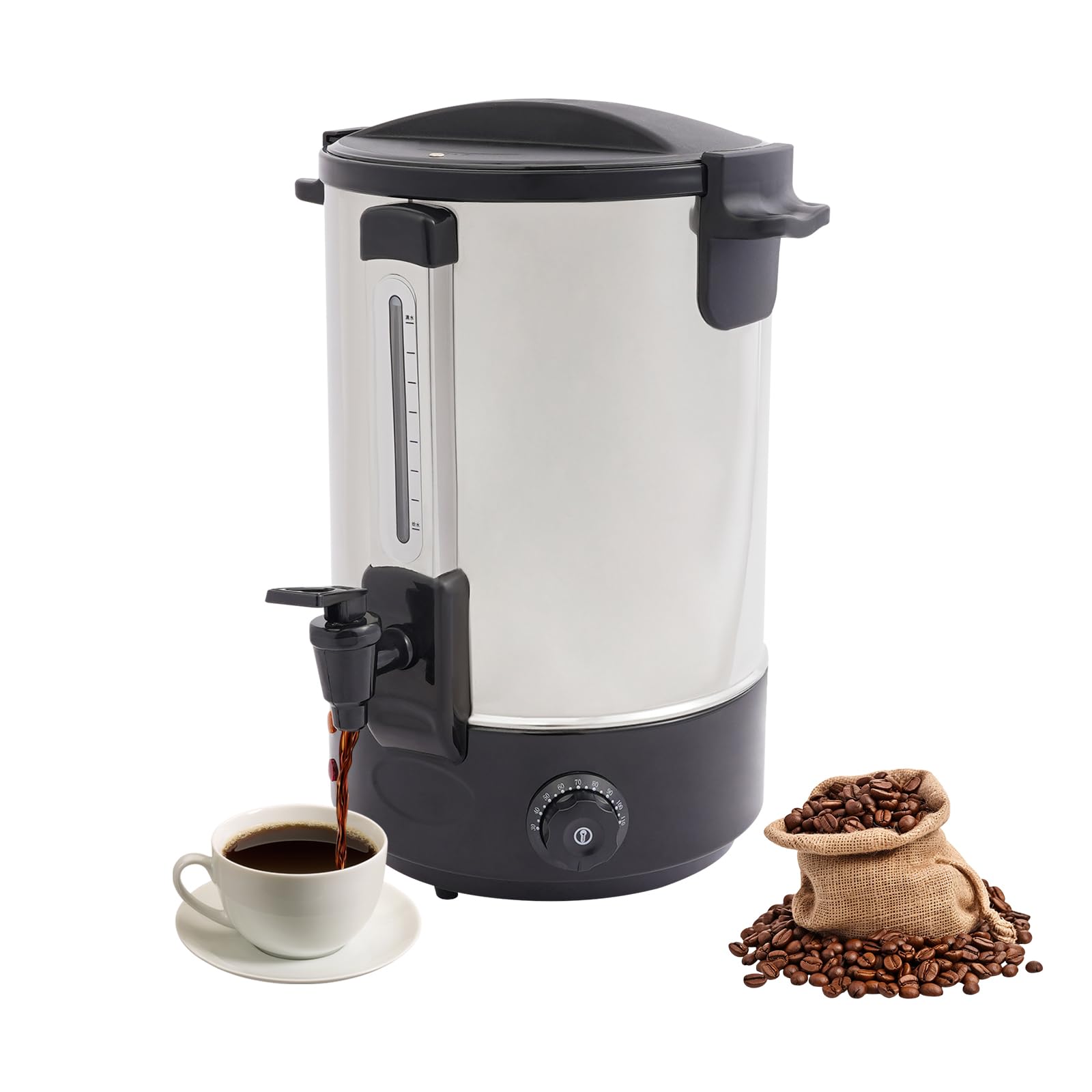 HuaShuani Electric Coffee Urn, 13L/3.43Gal Large Capacity Stainless Steel Hot Coffee Dispenser with Water Level Gauge and Temp Control, 1800W Quick-Brewing(Black)
