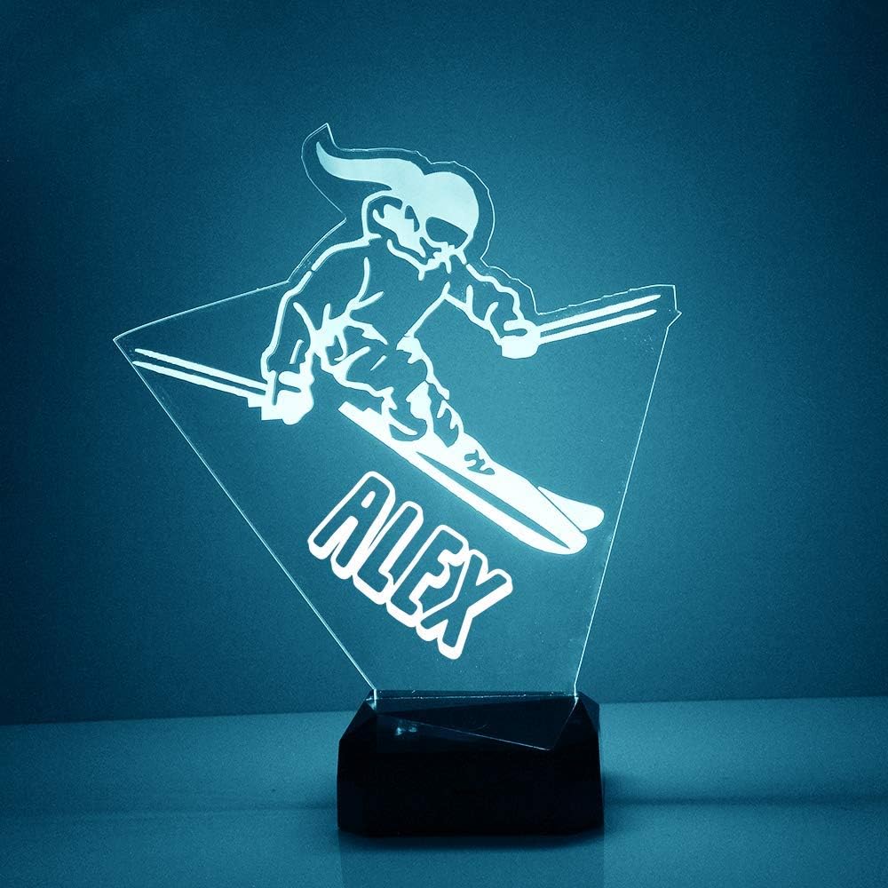 Custom Skier LED Sign Night Light Lamp with Remote, Light Up Display with Personalized Name or Image, Customized, Made in The USA, Clear Acrylic Home Decor Design with 16 Colors, 4 Modes
