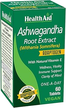 HealthAid Ashwagandha 350 mg High Potency Adaptogen Supports Stress Response, Calm Focus & Relaxation Once Daily, Vegan, Standardized Root Extract 60 Tablets*