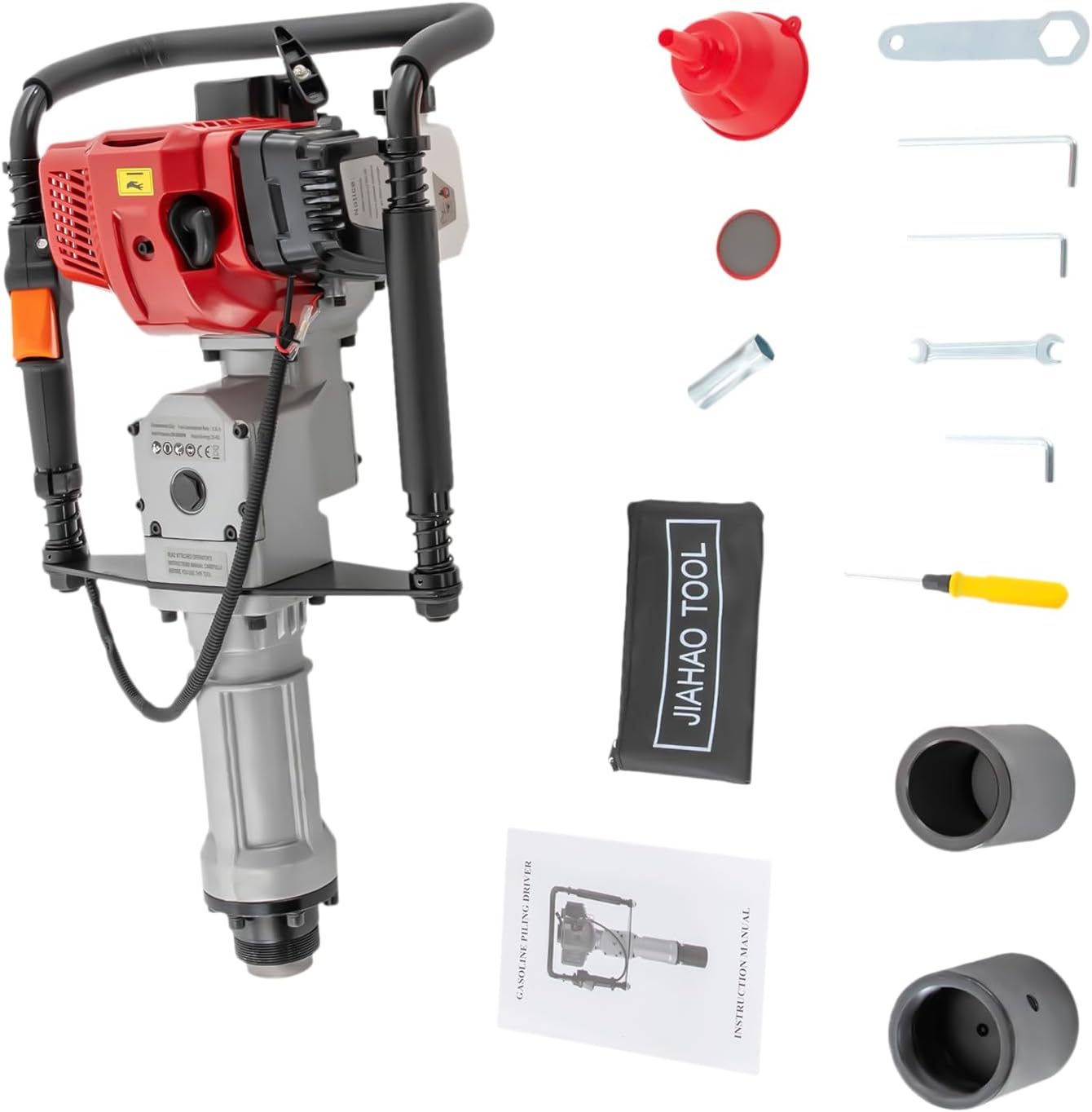 Handheld Pile Driver,52CC 2-Stroke Driver Gasoline Pile Driver Hammer, Portable Pile Driver Kit Farm Fence Post Hammer Push Pile Air Cooling Single Cylinder, Black, Red, Grey