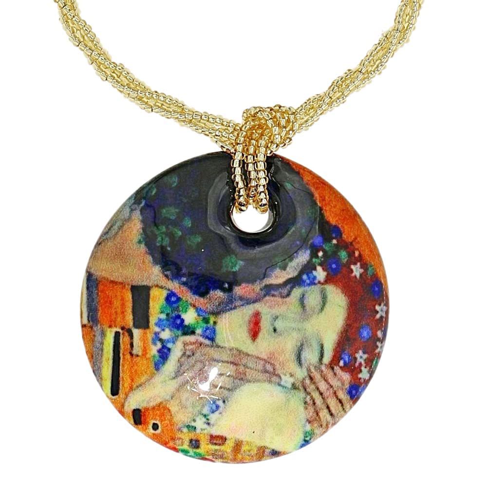 Venetiaurum - Collier avec pendentif avec illustration "Le Baiser" de Klimt en Verre de Murano Original et Argent 925 - Bijou certifié Made in Italy