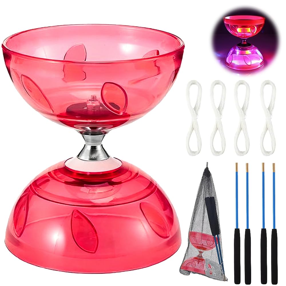 SKIKHN Diábolo LED con rodamiento de bolas, 3 rodamientos con palos y cuerda, juego de malabares para principiantes, con 2 pares de palos de mano + 4 cuerdas de repuesto, para interiores y exteriores