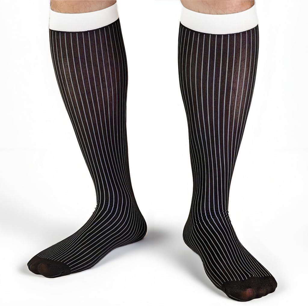3 Pack Nylon Striped Dress Socks for Men Over the Calf Ultra Thin Dress Socks Daily Casual Business Stockings