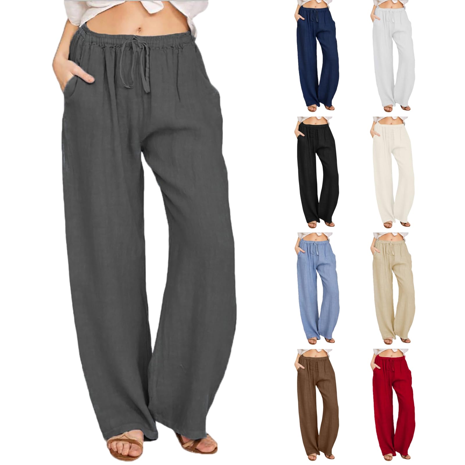 Linen Pants Women High Waisted Flowy Lounge Palazzo Pants Baggy Straight Leg Cotton Trousers Vacation Beach Trousers