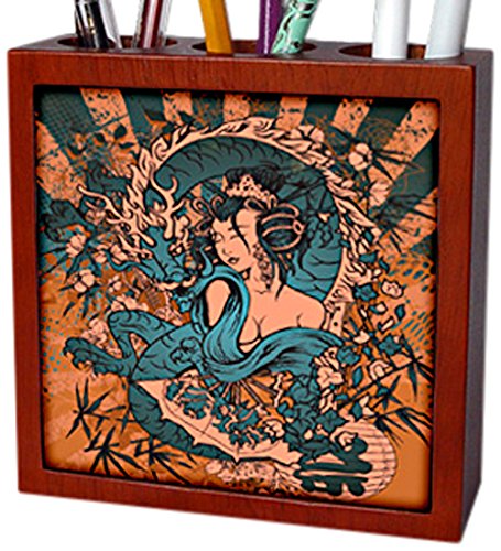 3dRose ph_119074_1 Beautfiul Grunge Style Japanese Geisha Girl Woman and Dragon Oriental Asian Design Tile Pen Holder, 5-Inch
