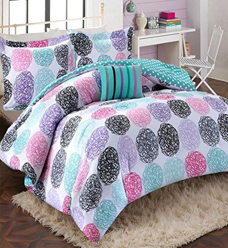 Girls Teen Kids Modern Bedding Set Aqua Pink Purple Dots Reversible Comforter with Shams and Striped Accent Pillow. Includes Bonus Sleep Mask from Designer Home. (Full/Queen)