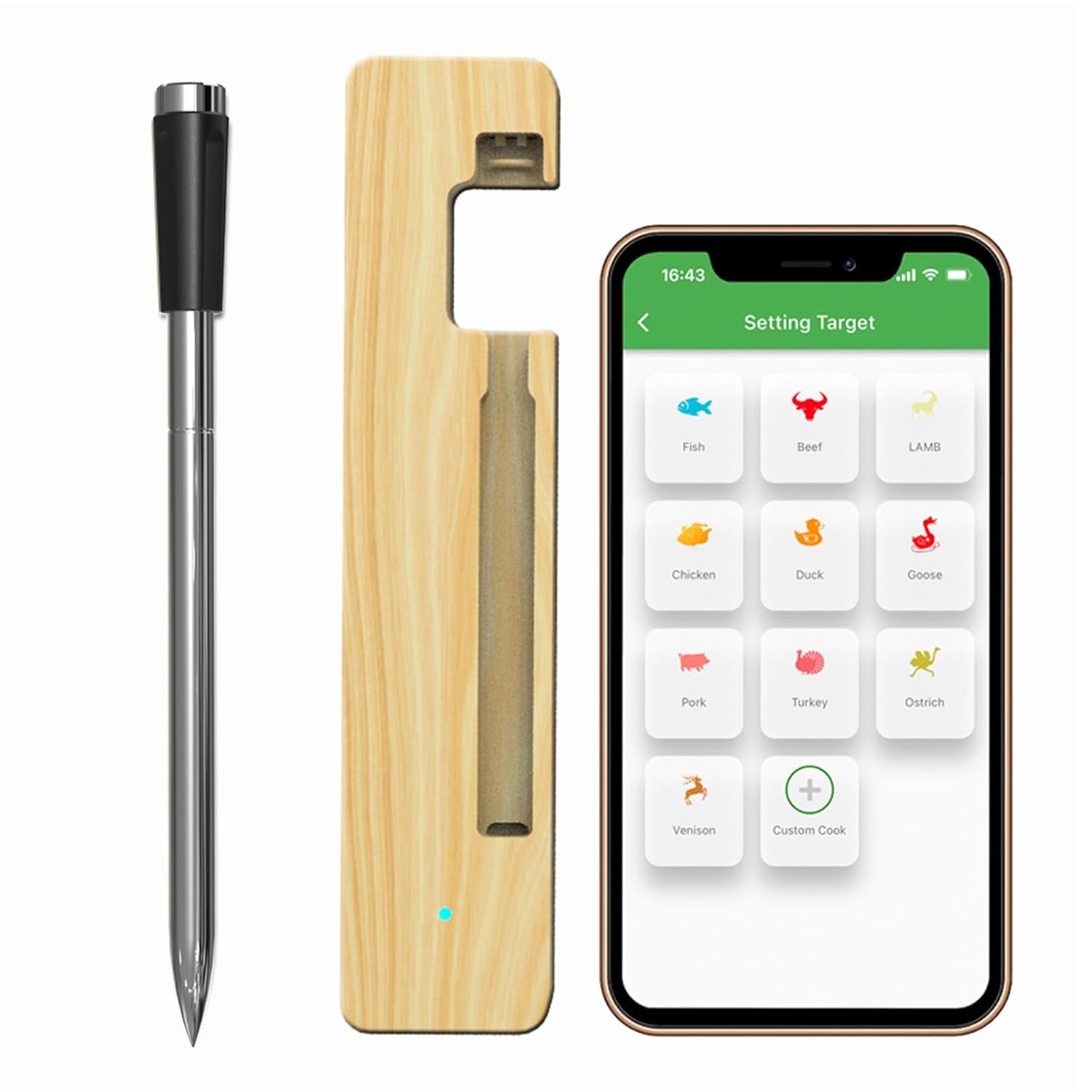 Wireless Meat Thermometer, Bluetooth Meat Probe for Grill, BBQ, Oven, Smoker, Oven Digital Thermometer Instant Read Thermometer with App Control, 165FT Range