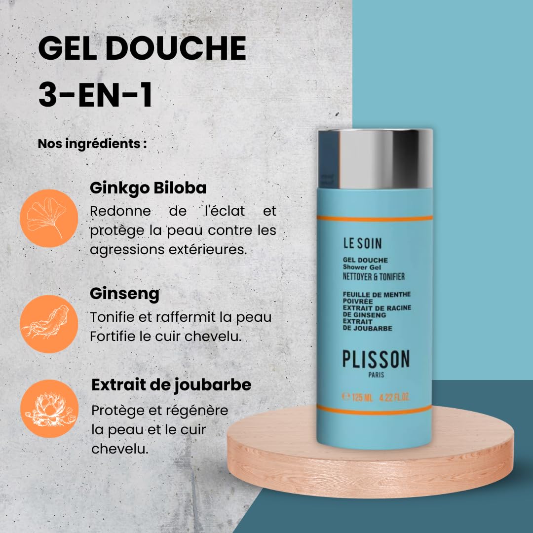 Plisson - Set mit Engelsbart – 1 Duschgel 3-in-1 + 1 Bartöl + 1 Bartbürste – notwendig Bartpflege für Herren – 95 bis 99 % Inhaltsstoffe natürlichen Ursprungs