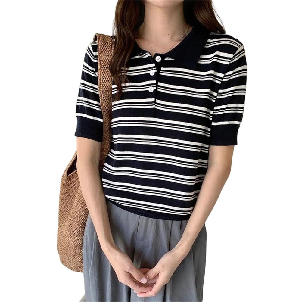 Camiseta de manga corta para mujer, diseño de rayas, tela de algodón, ligera, transpirable, para uso diario