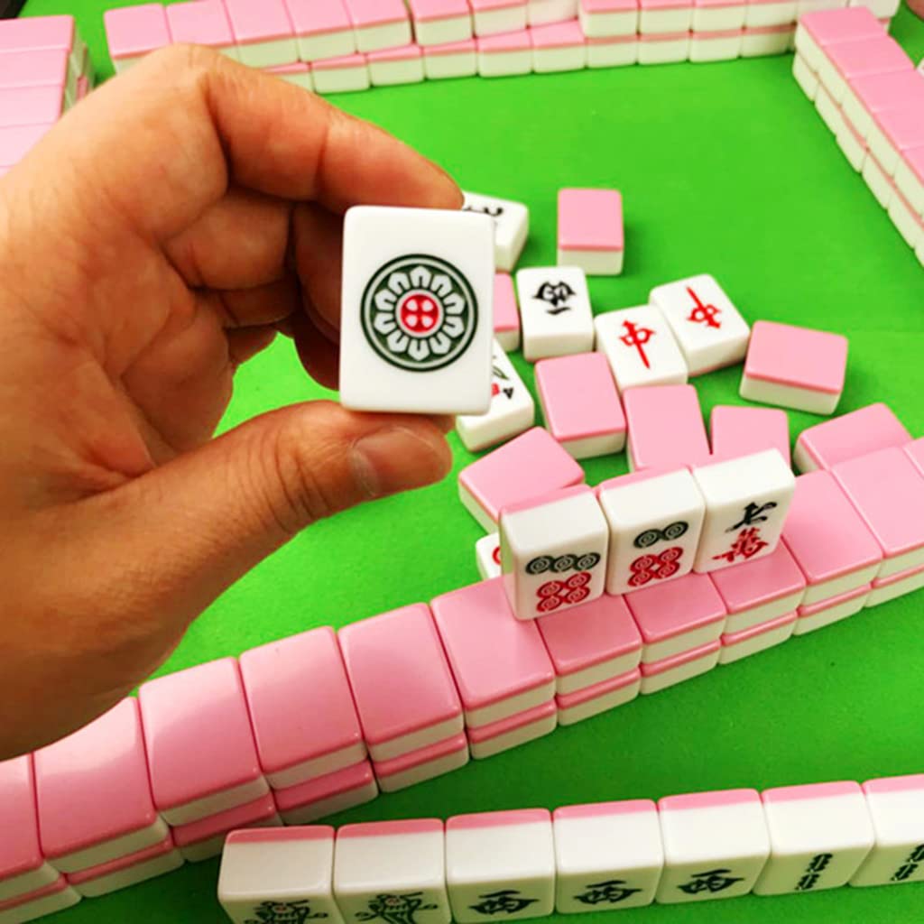Chiński Mahjong，Mini Mahjong Tradycyjny， 144 kafelki melaminowe z obrusem i linijką do kart przenośny zestaw gier podróżnych Majhong(Roze)