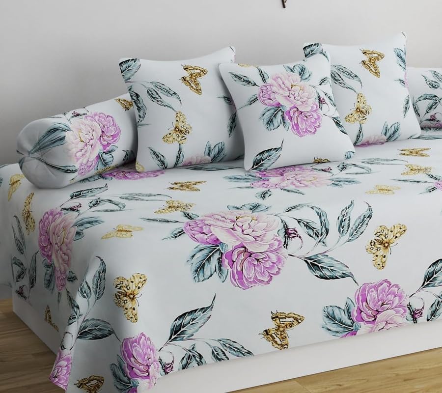 Image of NHD HOME Diwan Set for Living Room - 8 Pieces Glace Cotton Set (1 Single Bedsheet, 5 Cushion Covers, 2 Bolster Covers) White & Pink Flower Print