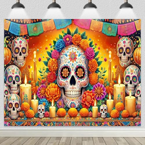 BlissYard Da de los Muertos Backdrop Banner Sugar Skulls Flowers Papel Picado Colorful Da de los Muertos Decor Supplies 8x6ft Perfect for Cultural Indoor Outdoor Party Wall Background