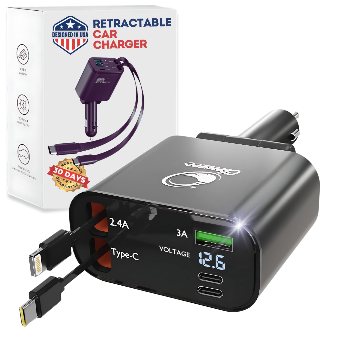 ?Upgraded? Retractable Car Charger 5 in 1 Fast Car Phone Charger | 2 Retractable Cords (Type-C & iOS) with Additional 3 Ports | Charge 5 Devices | Compatible with iPhone & Android Models