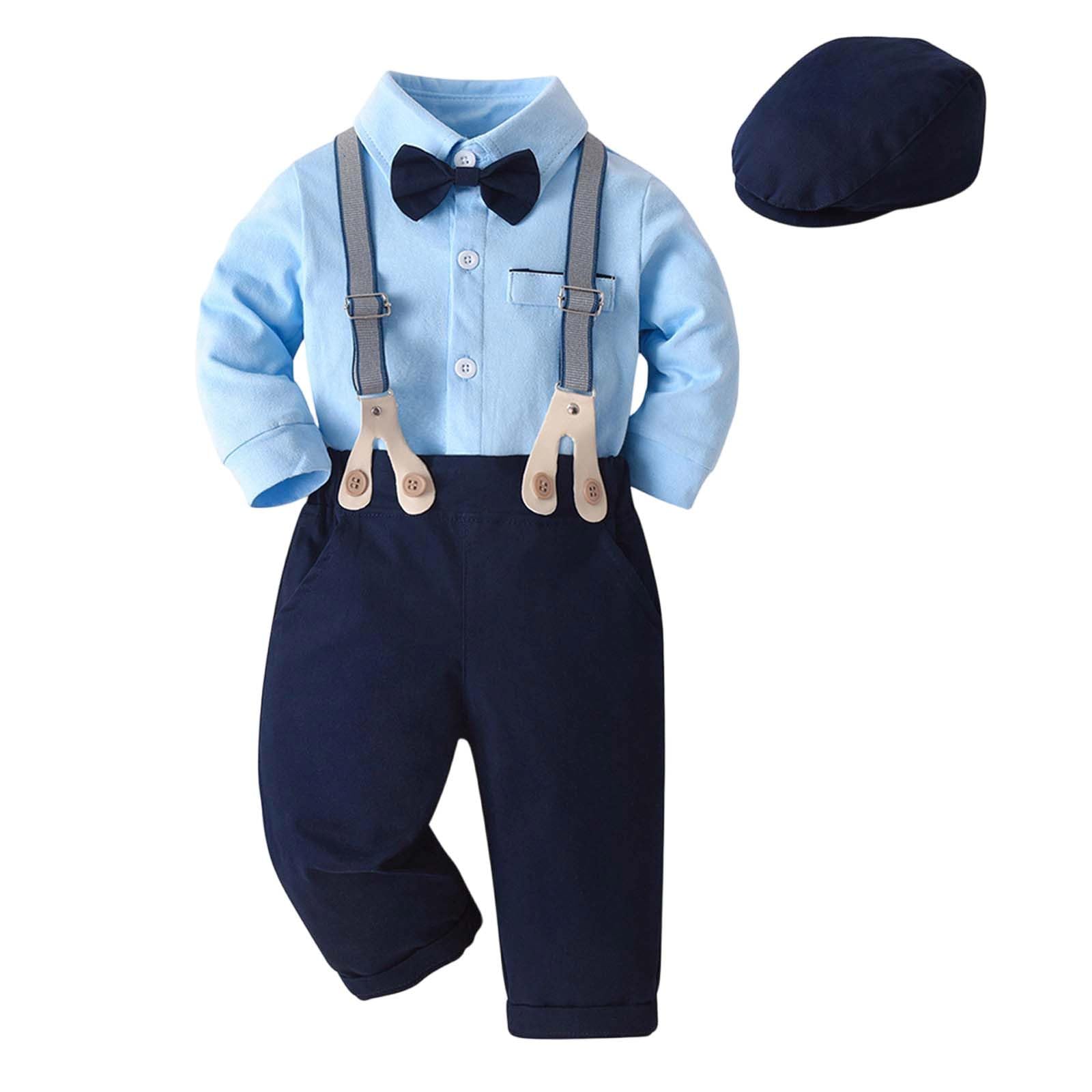 Generisch Set da festa per bambini in stile gentleman, 4 pezzi, con body, pantaloni, bretelle e cappello, abbigliamento elegante per battesimo e matrimonio