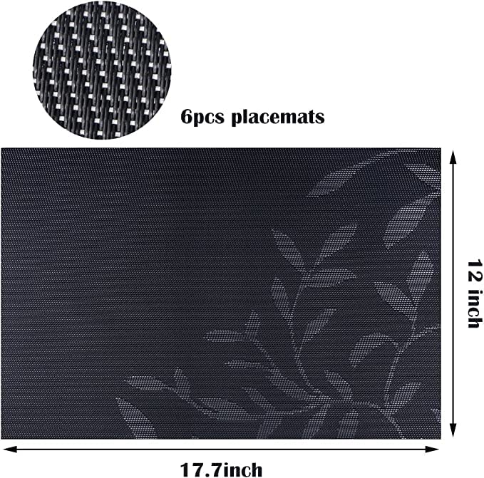 Image of YELONA Dining Table Placemats Set of 4 - Heat-Resistant, Non-Slip, Washable & Stain Resistant Woven PVC Vinyl Table Mats for Kitchen & Dining - 45 x 30 cm, Black