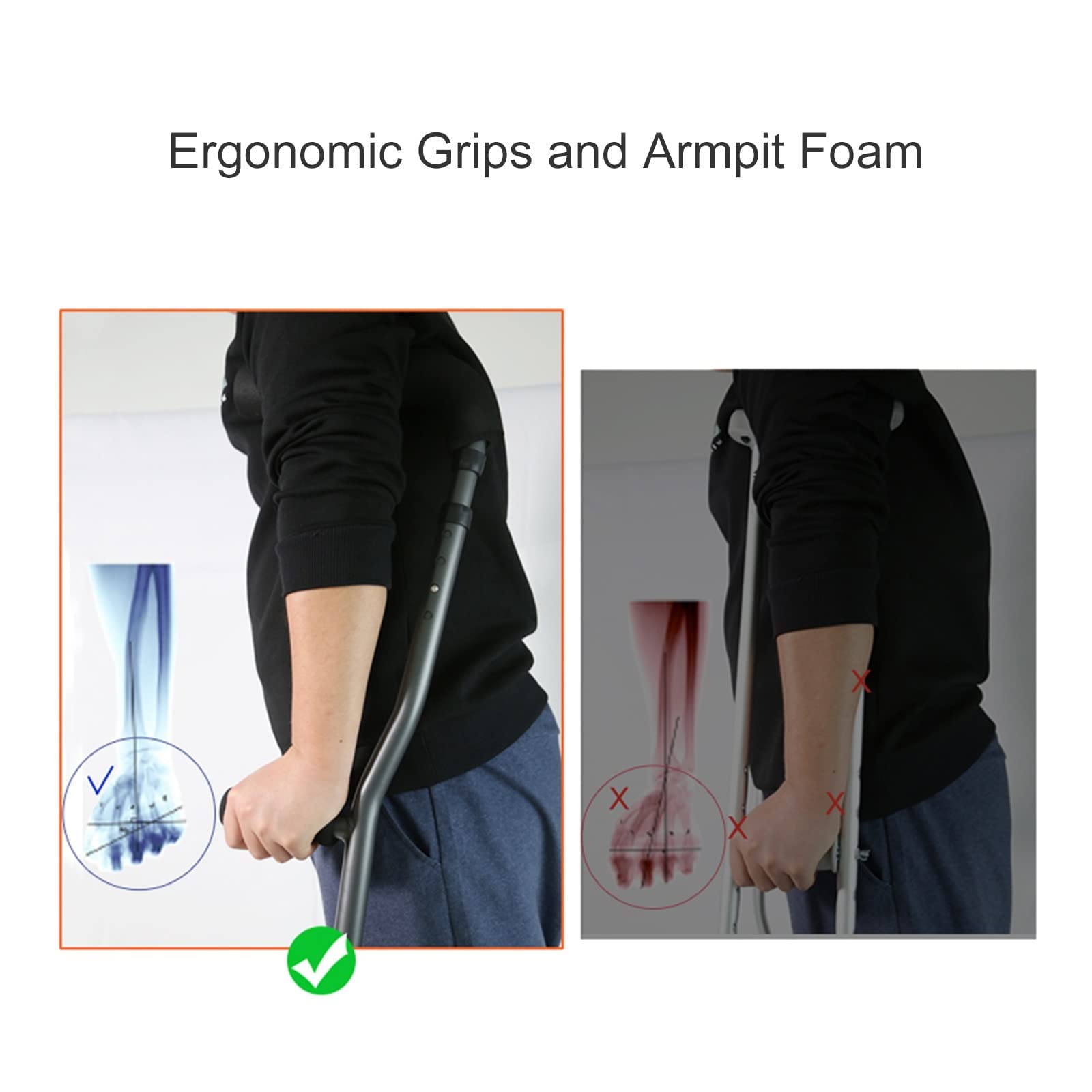 Muletas plegables de aluminio para adultos y niños, muletas ergonómicas para axilas para alturas de 145 a 180 cm, muletas ajustables para jóvenes, adultos y adultos altos