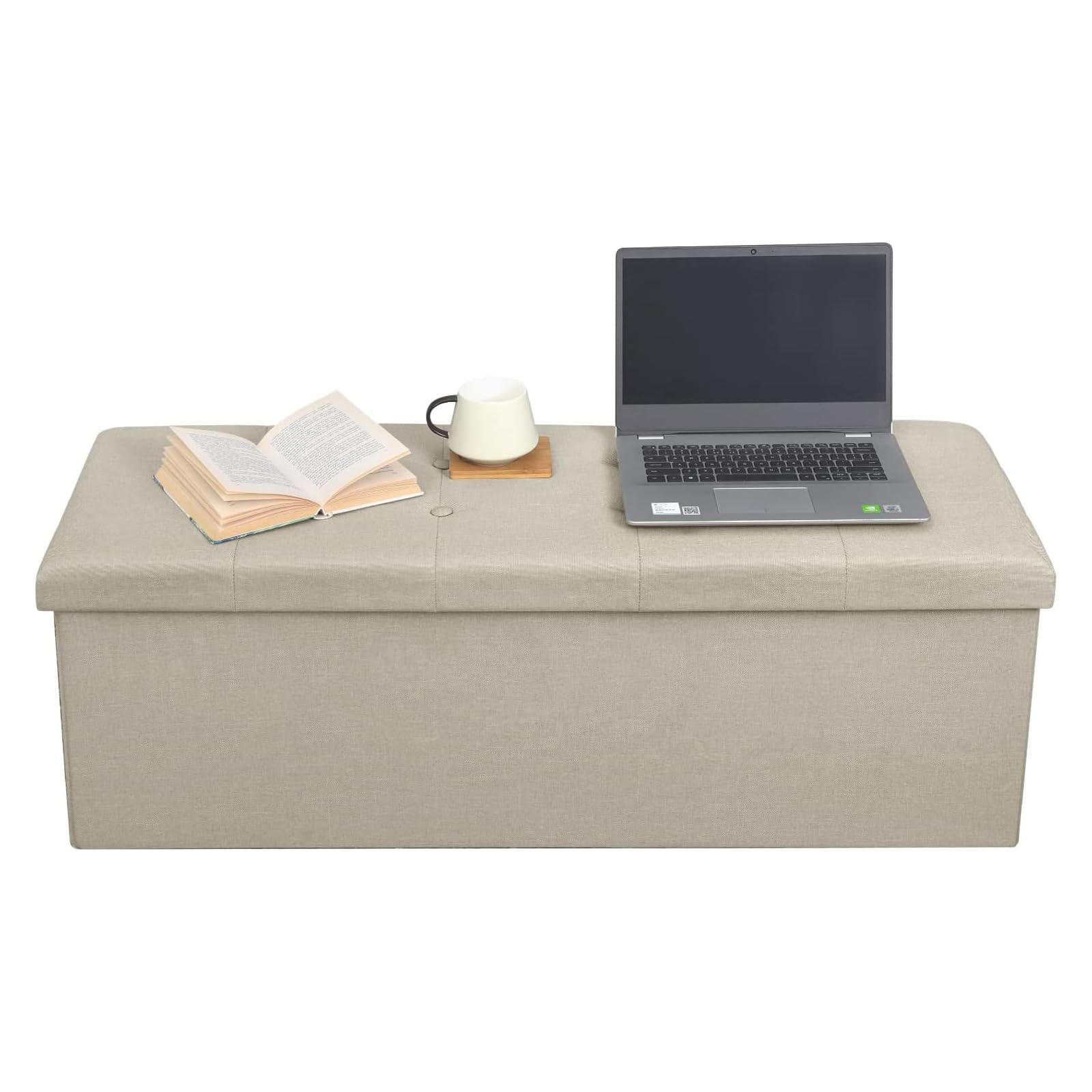 WOLTU Taburete con Espacio de Almacenamiento Caja de Tapa extraíble, Resto de Lino tapizado, 110x37,5x38 CM, Beige,