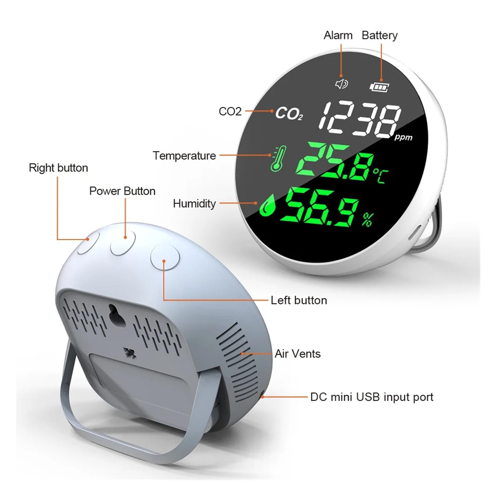Mini Detector de CO2 de Escritorio con Pantalla LED, termómetro e higrómetro for la Calidad del Aire en casa y autocaravanas. Fechas en Tiempo Real