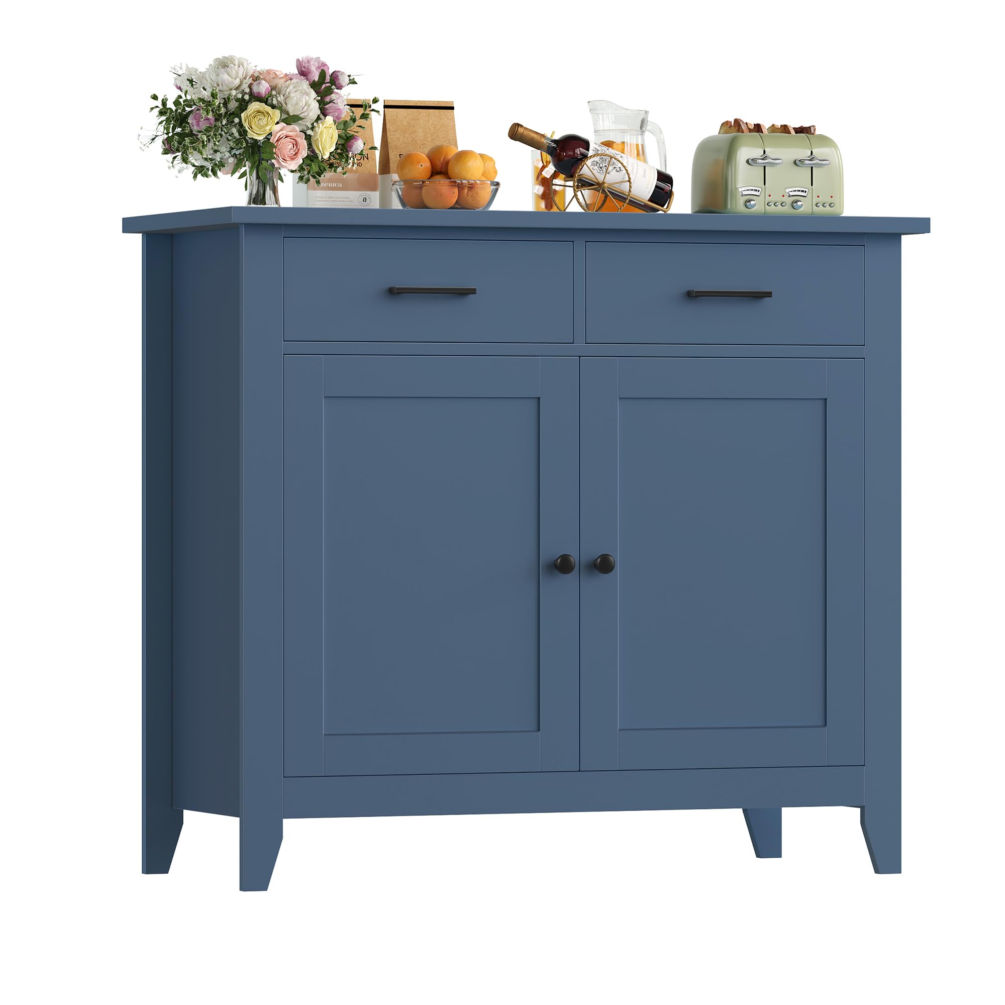 HOCSOK Credenza Armadio da Cucina con 2 Cassetti, Mobiletto Portaoggetti con Ripiani Regolabili, Armadio di Stoccaggio in Legno, 82x40x91cm (Blu)