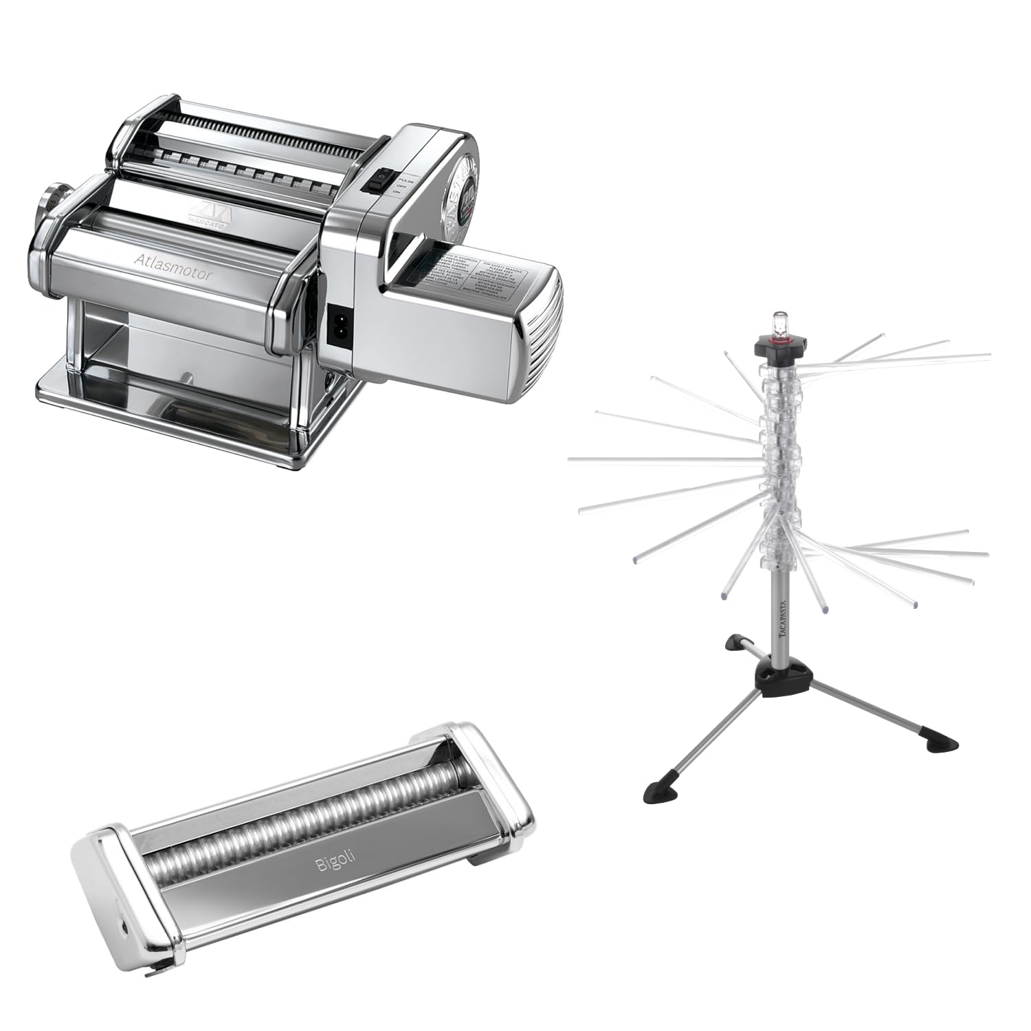 "Set de Preparación de Pasta, Máquina de Pasta Atlas 150 + Motor + Secador + Accesorios para Fettuccine, Tagliolini y Bigoli, Accesorios de Cocina, Hecho en Italia."